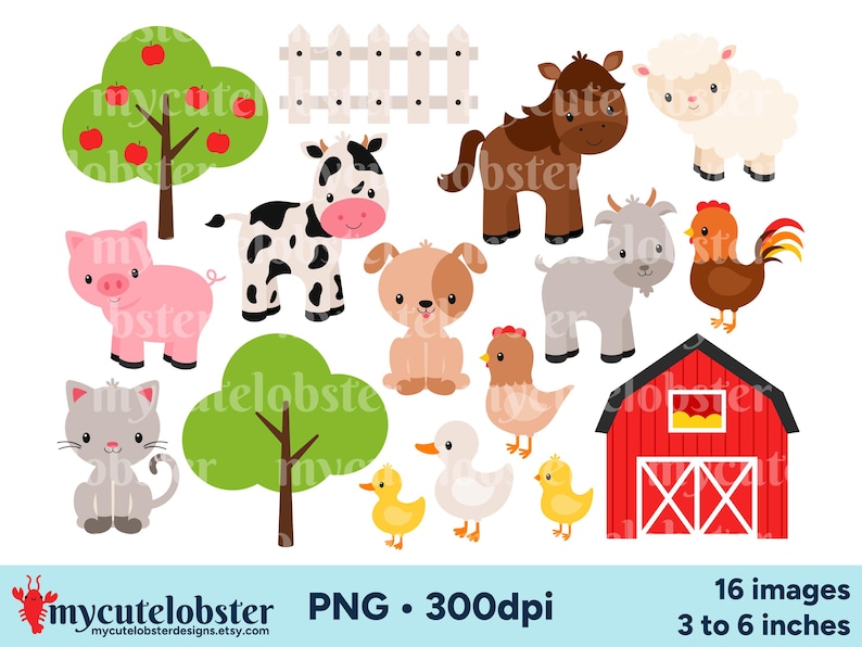 Clipart images featuring illustrations of farm animals, including cow, pig, sheep, horse, goat, cat, dog, chicken, chick, duck, duckling, rooster, trees, fence and barn.