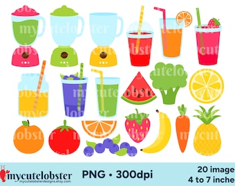 Könnte beinhalten: Ein Set mit 20 bunten digitalen Clipart-Bildern mit Früchten, Gemüse und Mixern. Die Bilder sind perfekt für die Erstellung von Designs zum Thema Gesundheit, wie z. B. Einladungen, Karten und Partydekorationen. Die Bilder sind 10 bis 18 cm groß und haben eine Auflösung von 300 dpi.