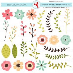 Flowers Clipart Set - clip art set of flowers, laurels, buds, florals, wedding - Instant Download, Personal Use, Commercial Use, PNG