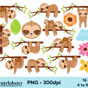 Clipart de paresseux - paresseux mignons, paresseux endormis, bébés paresseux, paresseux et fleurs - téléchargement immédiat, usage personnel, usage commercial, PNG