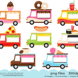 Food Trucks Clipart clip art set of trucks, hotdog, pizza, ice cream, food vans Instant Download, Personal Use, Commercial Use, PNG image 1