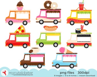 Food Trucks Clipart - clip art set of trucks, hotdog, pizza, ice cream, food vans - Instant Download, Personal Use, Commercial Use, PNG