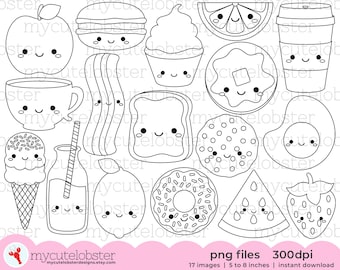 Cute Food Collection Digital Stamps - food outlines, happy food digi stamps, line art - Instant Download, Personal Use, Commercial Use, PNG