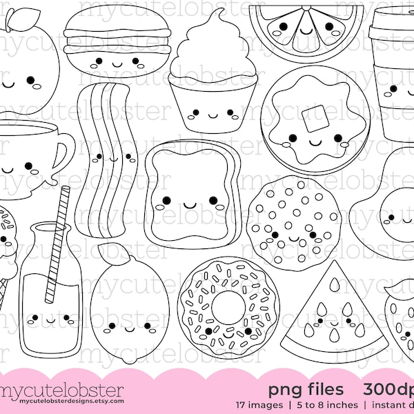 Cute Food Collection Digital Stamps - food outlines, happy food digi stamps, line art - Instant Download, Personal Use, Commercial Use, PNG