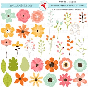 Colorful Floral Clipart Set - flowers, leaves, buds, Spring flowers clip art set - Instant Download, Personal Use, Commercial Use, PNG