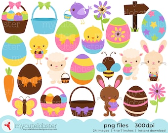 Easter Egg Hunt Clipart - set of Easter eggs, baskets, chicks, lambs, rabbits, carrot - Instant Download, Personal Use, Commercial Use, PNG