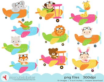 Pilot Animals Clipart Set - clip art set of animals in planes, flying, giraffe, sheep - Instant Download, Personal Use, Commercial Use, PNG