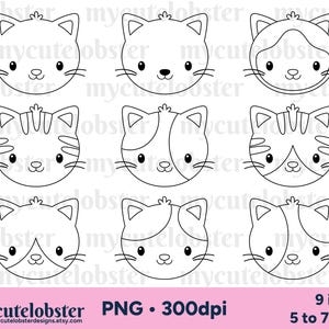 Sellos digitales de caras de gato - conjunto de contornos de gatos lindos, arte lineal de caras de gato, sellos digitales - Descarga instantánea, uso personal, uso comercial, PNG