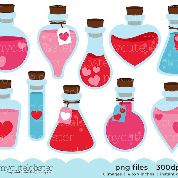 Valentine's Potions Clipart - set of potion bottles, love potions, potions clip art - Instant Download, Personal Use, Small Commercial Use