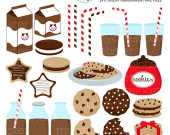 Chocolate Milk & Cookies Clipart Set - clip art set of milk, cookies, milk bottles - Instant Download, Personal Use, Commercial Use, PNG