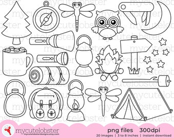 Camping Digital Stamps - camping line art, outlines, tent, torch, owl, digi stamp set - Instant Download, Personal Use, Commercial Use, PNG