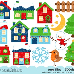 Clipart di case di Natale - set di case invernali, case per le vacanze, alberi di Natale - Download immediato, uso personale, uso commerciale, PNG