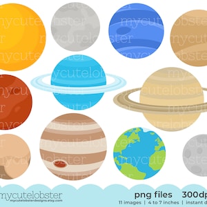 Solar System Clipart - clip art set of the planets, Earth, Moon, Sun, Mercury, Saturn - Instant Download, Personal Use, Commercial Use, PNG