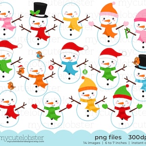 Christmas Snowmen Clipart - set of cute snowmen, hats, scarves, robins, clip art - Instant Download, Personal Use, Commercial Use, PNG