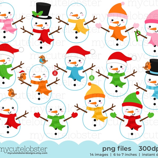 Christmas Snowmen Clipart - set of cute snowmen, hats, scarves, robins, clip art - Instant Download, Personal Use, Commercial Use, PNG