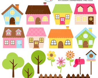 Little Houses Clipart Set - house clip art set, flowers, trees, fences, birdhouse - Instant Download, Personal Use, Commercial Use, PNG