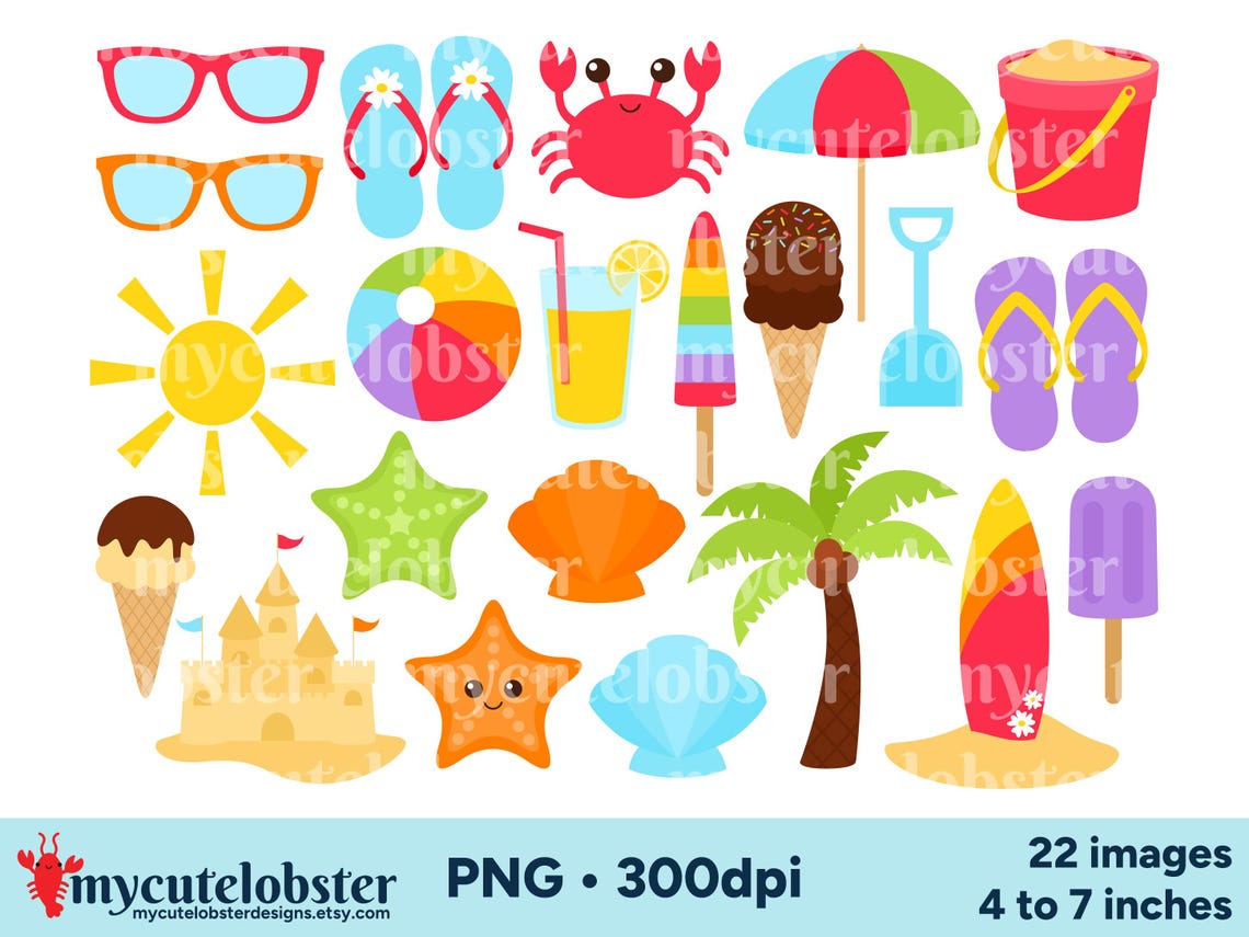 Beach Clipart - Summer Clip Art Set, Vacation Graphics, PNG Digital ...