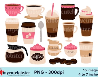 Coffee Clipart - cafe clip art, coffee cups graphics, PNG Digital Download