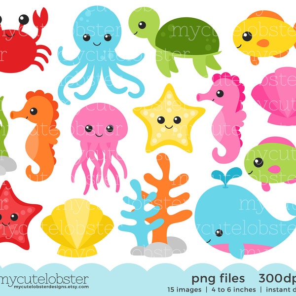 Zeedieren Clipart Set - illustraties van zeedieren, krab, vis, octopus, schildpad, Oceaan - Instant Download, persoonlijk gebruik, commercieel gebruik, PNG