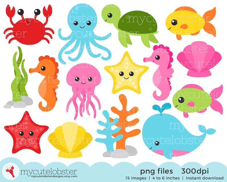 Sea Creatures Clipart Set sea animals clip art, crab, fish, octopus, turtle, ocean Instant Download, Personal Use, Commercial Use, PNG image 1