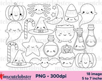 Sellos digitales de Halloween: contornos de calabazas alegres, imágenes prediseñadas espeluznantes, descarga digital PNG