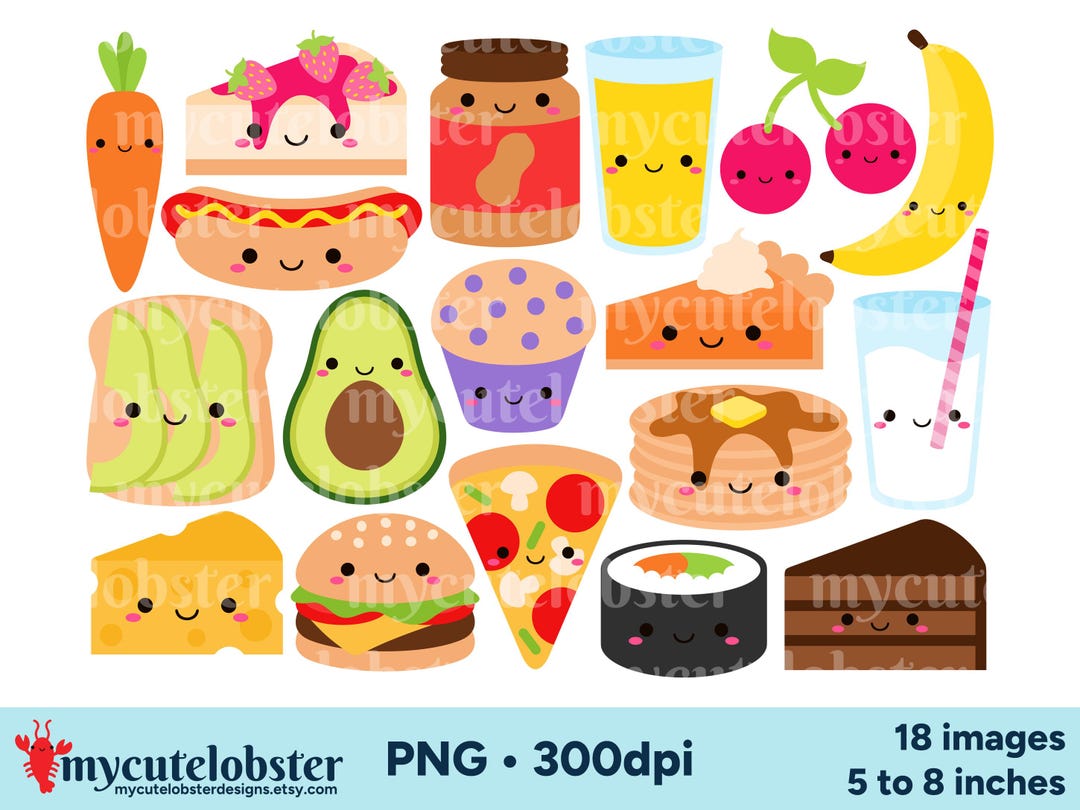 Cute Food Clipart - Happy Food Clip Art Set, Pizza, Cake, Avocado Toast ...