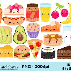 Clipart di cibo carino - set di clipart di cibo felice, pizza, torta, toast all'avocado - Download immediato, uso personale, uso commerciale, PNG