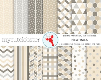 Neutrals Digital Paper Set - patterned paper pack, neutral shades, chevron, scallop - Instant Download, Personal Use, Commercial Use, PNG