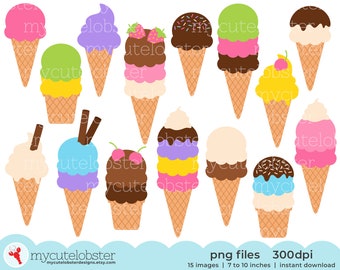 Ice Cream Cones Clipart - clip art set of ice creams, summer ice cream, cones - Instant Download, Personal Use, Commercial Use, PNG