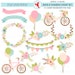 Bikes & Flowers Clipart Set - bicycles clip art, floral, wedding, bunting, balloons - Instant Download, Personal Use, Commercial Use, PNG 