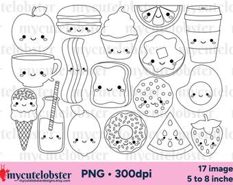 Food Digital Stamps - set of happy foods, dessert outlines, PNG Digital Download