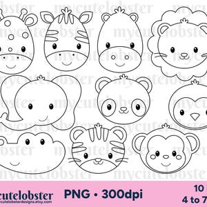 Digitale postzegels wilde dieren gezichten - zeer fijne tekeningen, contouren, giraffe, olifant, schattige dieren - Instant Download, persoonlijk gebruik, commercieel gebruik, png