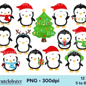 Imágenes prediseñadas de pingüinos navideños: conjunto de imágenes prediseñadas de pingüinos, pingüinos navideños, pingüino lindo: descarga instantánea, uso personal, uso comercial, PNG
