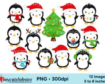 Christmas Penguin Clipart - festive penguins graphics, PNG Digital Download