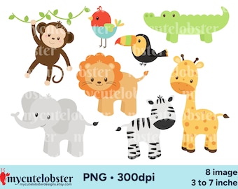 May include: A set of eight digital illustrations featuring cute cartoon animals, including a monkey, lion, elephant, zebra, giraffe, toucan, crocodile, and a bird. The illustrations are in a bright, colorful style and are perfect for use in children's books, crafts, or other creative projects.