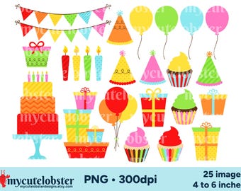 Rainbow Party Clipart - birthday clip art, party graphics, PNG Digital Download