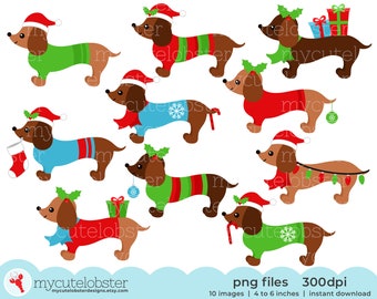 Christmas Dachshunds Clipart - set of cute dogs, dogs in sweaters, Christmas clip art - Instant Download, Personal Use, Commercial Use, PNG