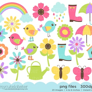 Spring Elements Clipart Set - flowers, birds, Springtime, rainbow, boots, umbrella - Instant Download, Personal Use, Commercial Use, PNG