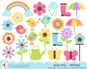 Spring Elements Clipart Set - flowers, birds, Springtime, rainbow, boots, umbrella - Instant Download, Personal Use, Commercial Use, PNG