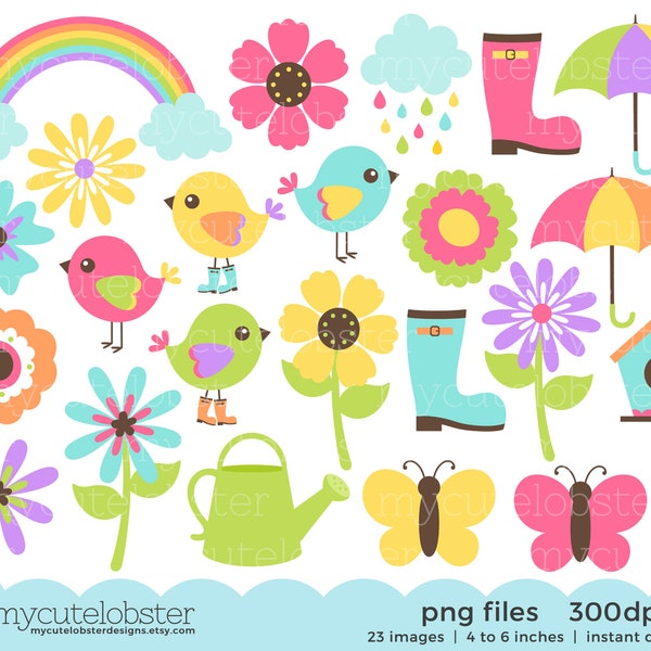 Spring Elements Clipart Set - flowers, birds, Springtime, rainbow, boots, umbrella - Instant Download, Personal Use, Commercial Use, PNG