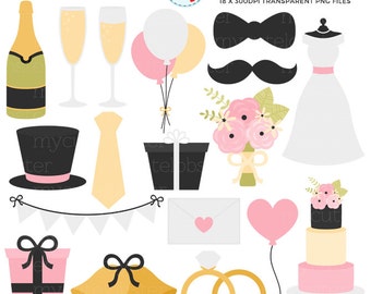 Wedding Clipart Set - wedding dress, champagne, bouquet, marriage clip art set - Instant Download, Personal Use, Commercial Use, PNG
