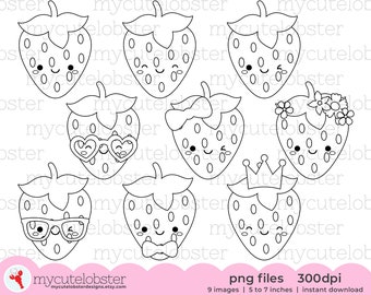 Cute Strawberries Digital Stamps - strawberry line art, digi stamp set, cute food - Instant Download, Personal Use, Commercial Use, PNG