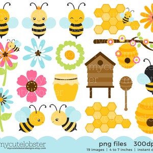 Bees Clipart Set clip art set of bees, honey, beehive, cute bees, bumblebees, bee Instant Download, Personal Use, Commercial Use, PNG image 1