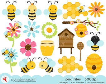 Bees Clipart Set - clip art set of bees, honey, beehive, cute bees, bumblebees, bee - Instant Download, Personal Use, Commercial Use, PNG