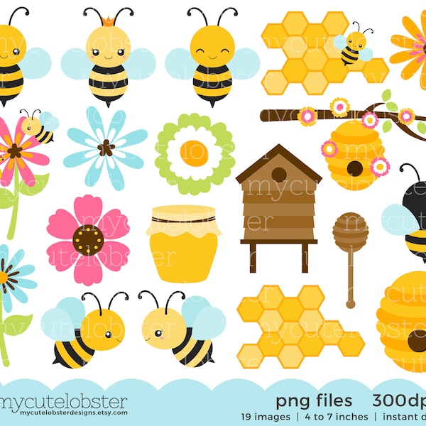 Bees Clipart Set - clip art set of bees, honey, beehive, cute bees, bumblebees, bee - Instant Download, Personal Use, Commercial Use, PNG