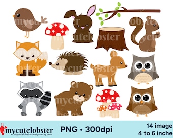 Imágenes prediseñadas de animales del bosque: conjunto de animales del bosque, zorro, erizo, descarga digital PNG