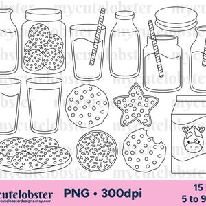 Milk & Cookies Digital Stamps - food outlines, line art, digi stamp set, milk bottles - Instant Download, Personal Use, Commercial Use, PNG