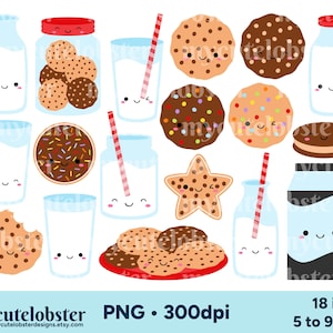 Cute Milk & Cookies Clipart - clip art set of happy milk, cute cookies, milk bottles - Instant Download, Personal Use, Small Commercial Use