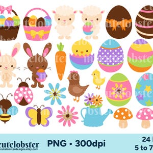 Clipart Pâques - ensemble d'oeufs de Pâques, lapins de Pâques, poussins, fleurs - téléchargement immédiat, usage personnel, usage commercial, PNG
