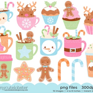 Pastel Christmas Mugs & Treats Clipart - festive mugs clip art set, cupcakes, cookies - Instant Download, Personal Use, Commercial Use, PNG